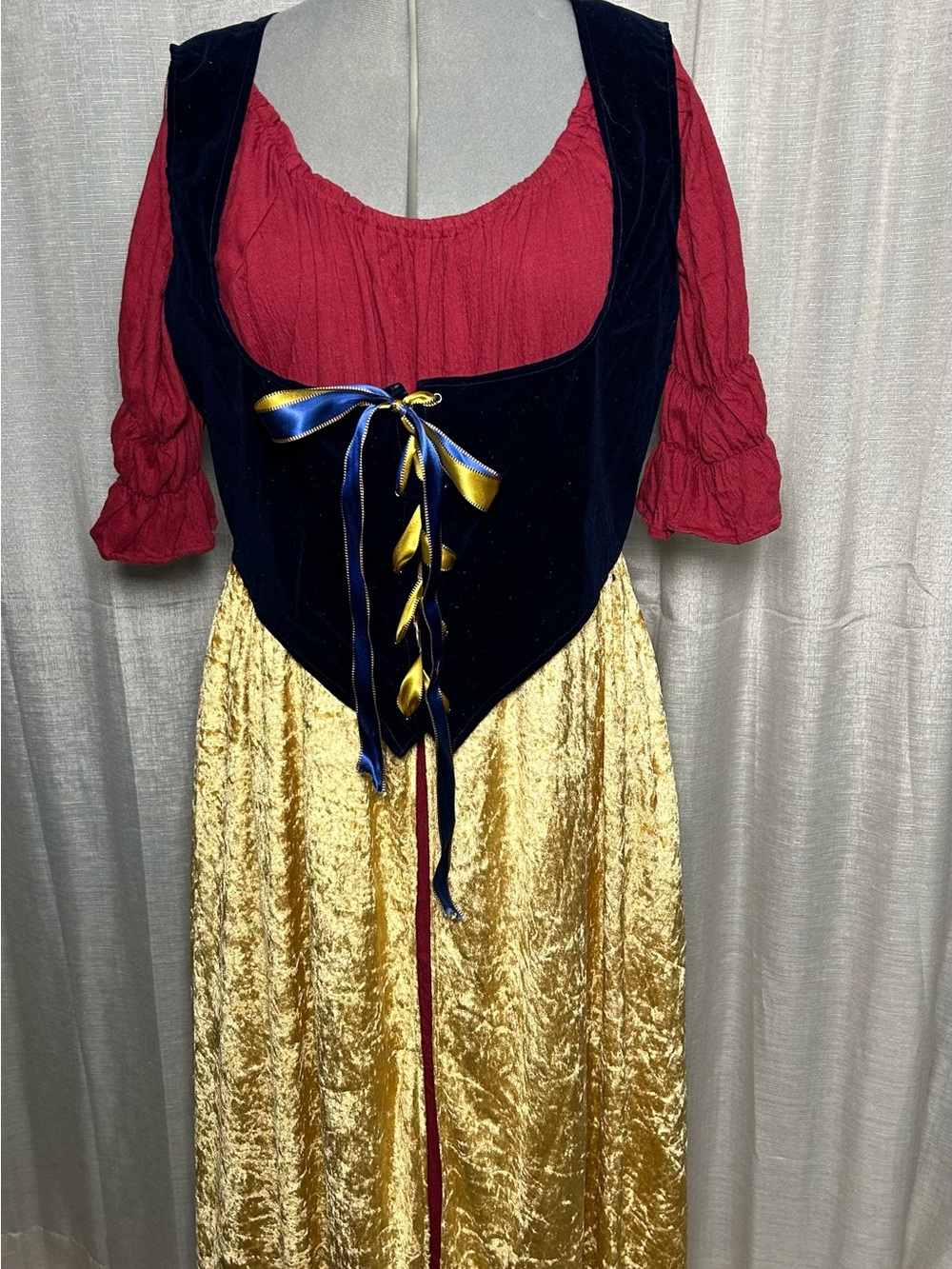 Cinema Secrets Red Peasant Dress with Navy Velvet Bodice and Gold Overlay